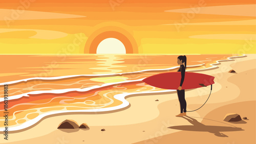Surfer girl at sunset beach with vibrant red surfboard in minimalist art style