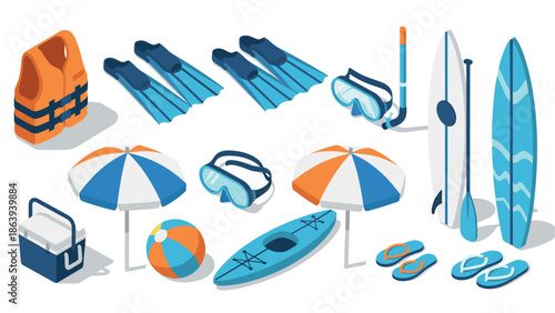 Isometric summer beach gear with snorkeling equipment and surfboards