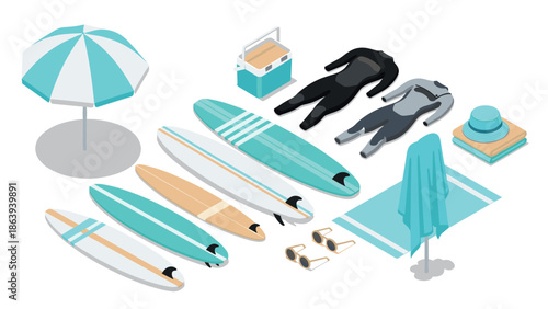 Isometric beach set with surfboards, umbrella, and snorkeling gear in blue tones