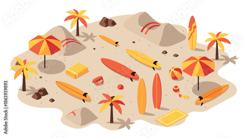 Colorful isometric beach design with surfboards and umbrellas