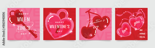 Happy Valentine's day love square cover vector set. Red and pink  glossy hearts with cherry, key, keychain, sparkle. Love illustration for greeting card, web banner, package, cover.