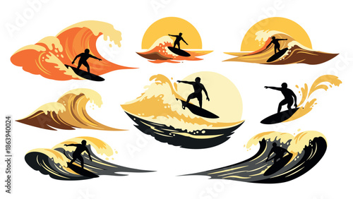 Dynamic surfing silhouettes against sunset waves