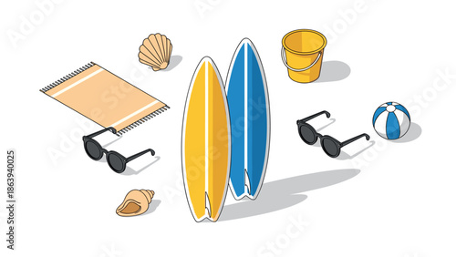 Colorful isometric beach essentials with surfboards and sunglasses