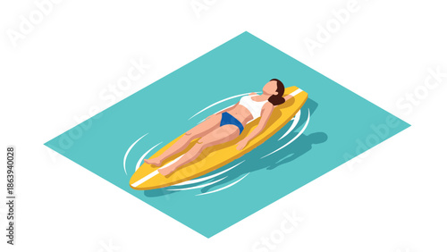 Woman relaxing on surfboard in water with minimalist isometric design