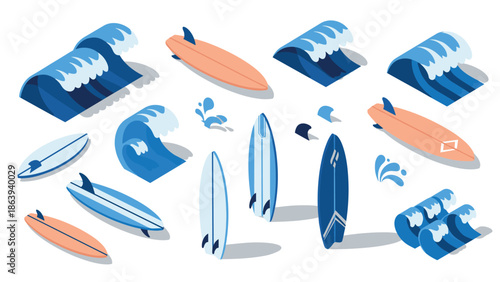 Isometric surfboard and wave set with splashes for ocean adventure design