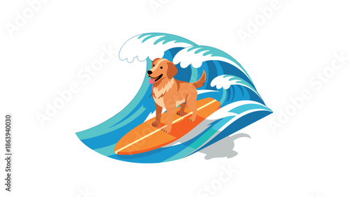 Happy dog surfing giant ocean wave on orange surfboard in vibrant cartoon style