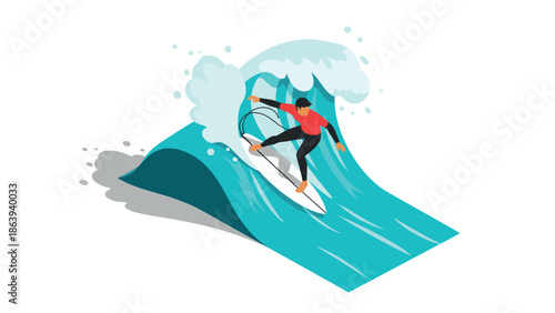 Surfer riding a giant ocean wave in dynamic isometric style artwork
