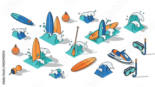 Water adventure icons: surfboards, waves, and more in isometric design