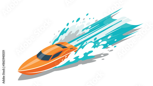 Orange speedboat racing through water with dynamic splash effect