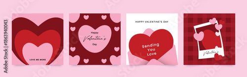 Happy Valentine's day love square cover vector set. Red and pink romantic symbol with hearts, envelope, polaroid. Love illustration for greeting card, web banner, package, cover.