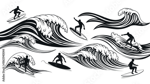 Dynamic surfers and waves silhouettes collection in black and white design