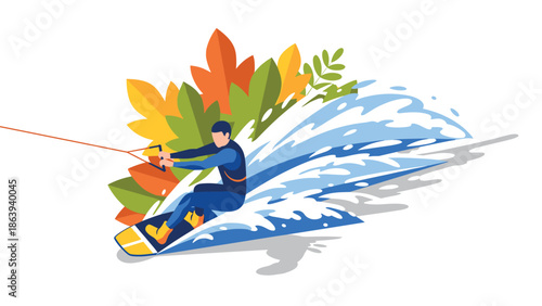 Flat design wakeboarding adventure with splash and autumn leaves