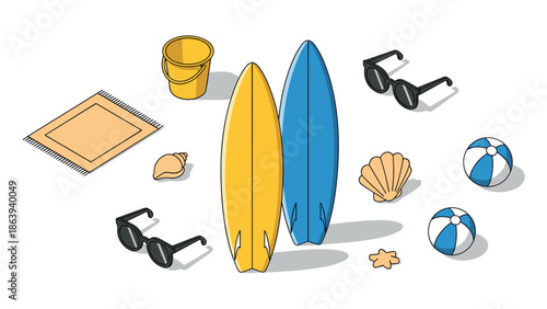 Summer beach essentials isometric design with surfboards, shells, and sunglasses