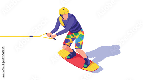 Colorful isometric wakeboarding scene with vibrant geometric elements