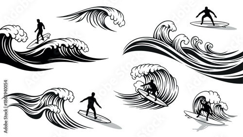 Dynamic surfer silhouettes riding powerful ocean waves in black and white