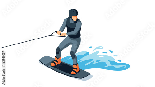 Dynamic wakeboarding scene with abstract splash in isometric style
