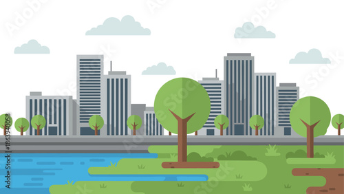 Flat urban landscape with trees and water in modern cityscape