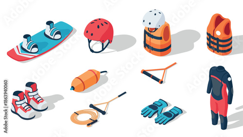 Essential water sports gear for wakeboarding and safety in isometric style