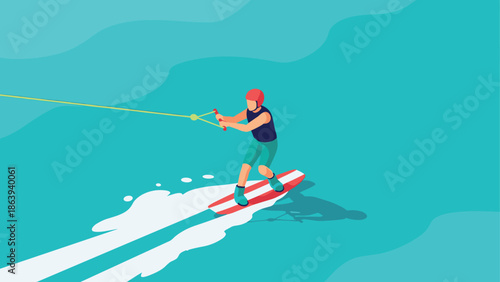 Flat design water sports adventure with wakeboarder on turquoise waves
