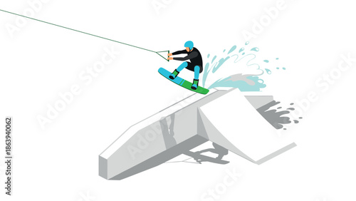 Wakeboarder in action on a water ramp with dynamic splash elements