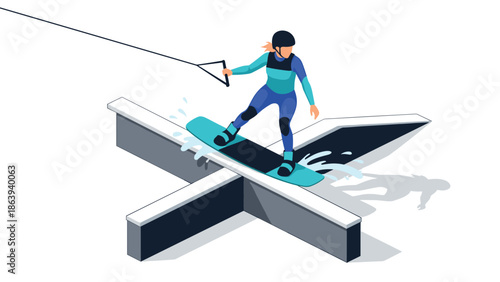 Wakeboarding adventure isometric design featuring a rider on a rail