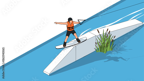 Wakeboarder balancing on water ramp in modern colorful style