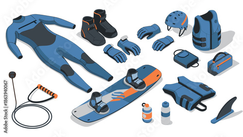 Water sports gear set with isometric wetsuit and equipment for adventure enthusiasts