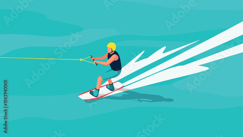 Person wakeboarding on aqua waves with yellow helmet and life vest