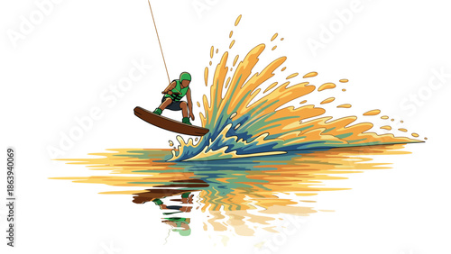 Dynamic wakeboarding scene with splash and reflection in vibrant colors