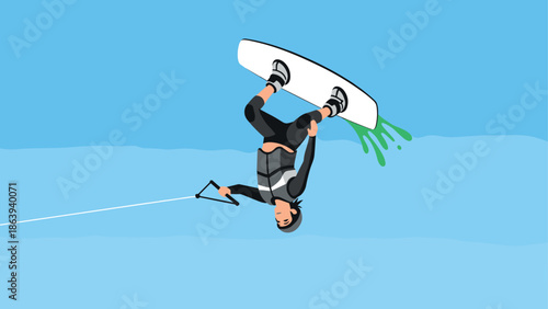 Energetic wakeboarder performing an aerial flip against a clear blue sky