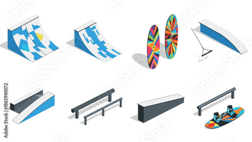 Colorful skate park elements: ramps, rails, and skateboards in modern isometric design