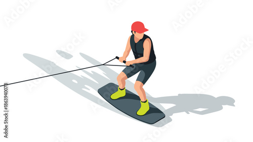 Isometric wakeboarding: athletic man in red cap and neon boots on board