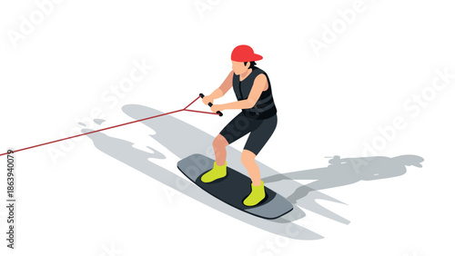 Isometric wakeboarder in action with red cap and neon shoes on white background