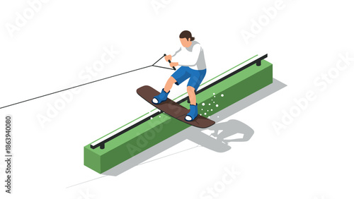 Isometric wakeboarding scene with athlete performing rail slide