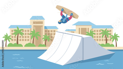 Extreme wakeboarding stunt with jump ramp near beachfront resort