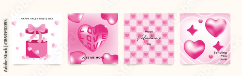 Happy Valentine's day love square cover vector set. Pink glossy hearts with heart pattern, gift box, sparkle. Love illustration for greeting card, web banner, package, cover.