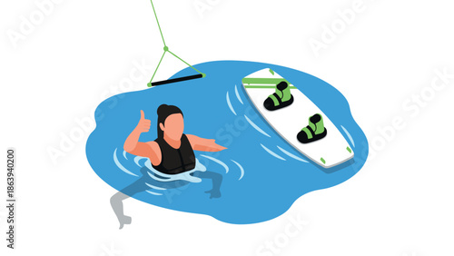 Isometric wakeboarding scene with water splash and enthusiastic rider