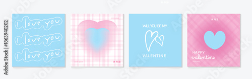 Happy Valentine's day love square cover vector set. Blue and pink romantic symbol with hearts, i love you text. Love illustration for greeting card, web banner, package, cover.