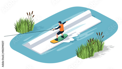 Isometric wakeboarding scene of a man on a ramp in a lake