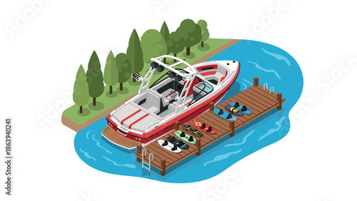 Isometric speedboat docked at river pier with kayaks and trees
