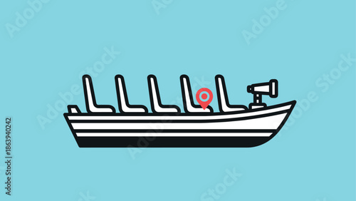 Minimalistic boat icon with pinpoint on teal background