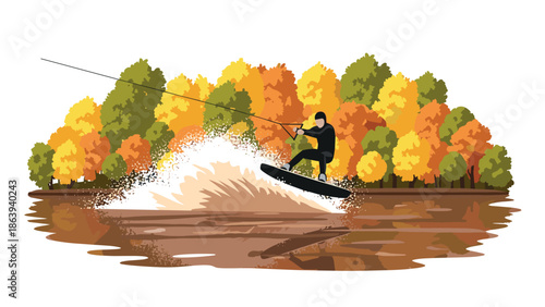 Autumn lakeside wakeboarding adventure with vibrant fall foliage background