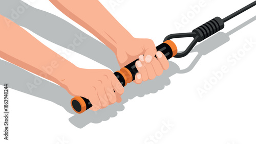 Hands gripping fitness resistance band with orange and black handles on white background