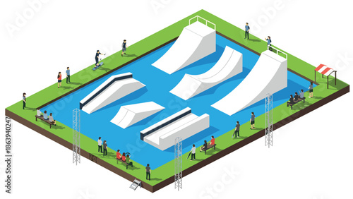 Isometric wakeboard park with 3d ramps and people in action
