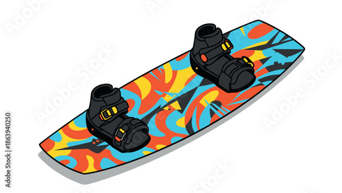 Colorful wakeboard with abstract design and adjustable bindings