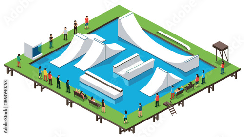 Isometric skate park design with ramps and observers