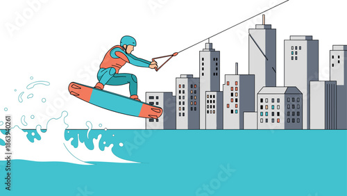 Urban wakeboarding action with skyscrapers in bold minimalist style