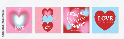 Happy Valentine's day love square cover vector set. Red pink and blue glossy hearts with sparkle and blue heart. Love illustration for greeting card, web banner, package, cover.