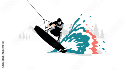 Dynamic wakeboarding adventure with splash in minimalist style
