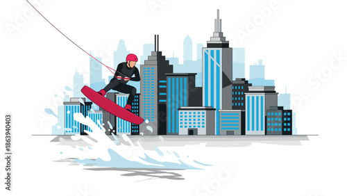 Urban wakeboarding adventure with city skyline and dynamic splashing water